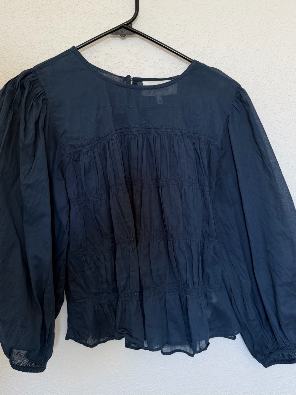 THE GREAT. Navy Gauze Smocked Long-Sleeve Blouse - Picture 2 of 5